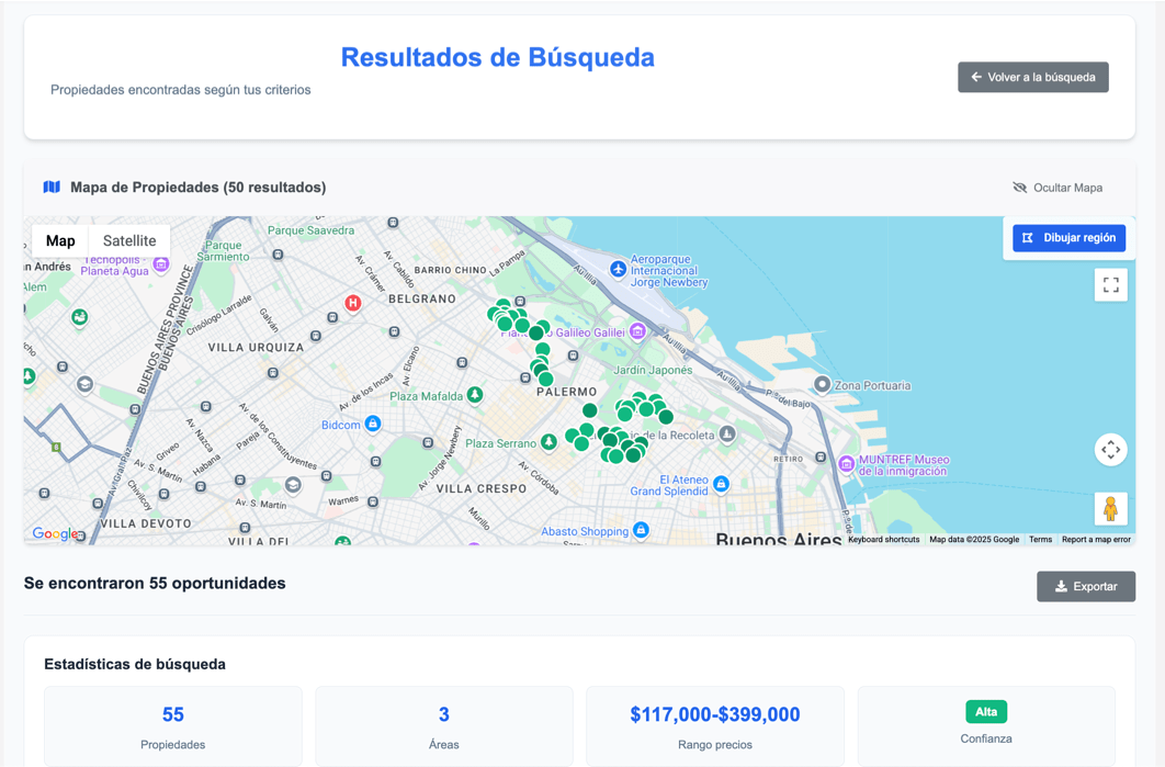 Resultados de búsqueda con mapa interactivo